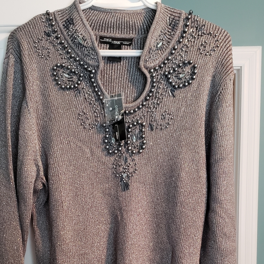 Once Again Silver Metallic long sleeve shirt.